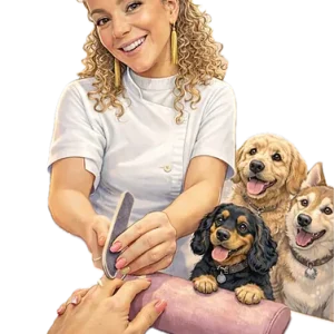 Illustratie van Nele samen met haar drie honden