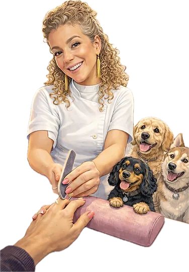 Illustratie van Nele samen met haar drie honden